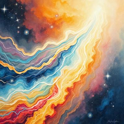 The primary subject of the image is a vibrant and colorful painting of a rainbow. The painting features a variety of colors, including red, orange, yellow, blue, and purple. The setting is a night sky, with stars visible in the background. The visual style of the painting is a mix of digital art and illustration, creating a unique and eye-catching piece of art. The overall atmosphere of the painting is lively and energetic, capturing the essence of a rainbow and its vivid